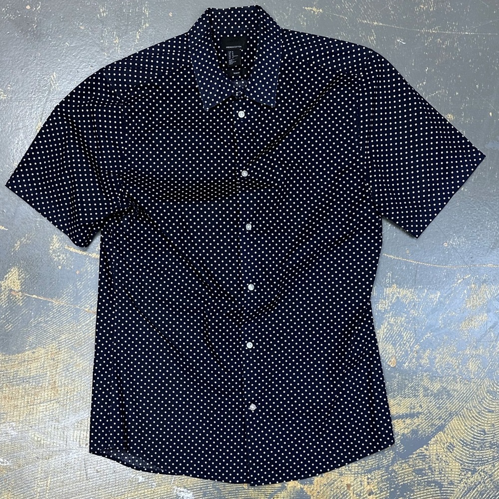 H&M Premium Cotton Button Down Shirt Medium Navy Blue Polka Dots Dress Date